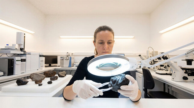 Female scientist examining meteorite fragment under magnifying lamp in laboratory