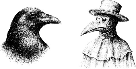 Fototapeta premium Raven head beside plague doctor wearing layered cloak on white background