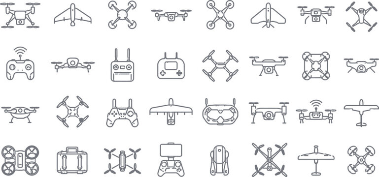 Drone Line Icons and Remote Control Quadcopter Vector Set