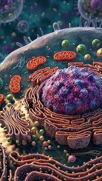 Microscopic cell, a dynamic biological structure, revealing intricate internal organelle, nucleus, mitochondrion, endoplasmic reticulum, depicting essential life process.