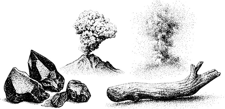 Volcano erupting with scattered rocks and driftwood on white