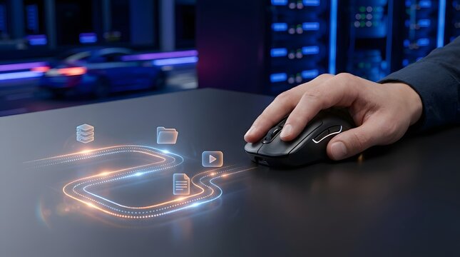 Hand using computer mouse with digital icons floating above, futuristic workspace