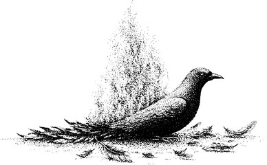 Fototapeta premium Crow resting among scattered feathers with textured backdrop