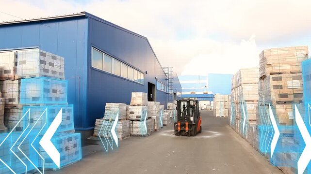Factory products are stored in the yard of the factory in an outdoor warehouse. Cardboard boxes on pallets are stored in an outdoor factory warehouse. Smart factory. Smart logistics
