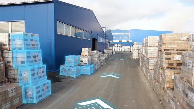 Factory products are stored in the yard of the factory in an outdoor warehouse. Cardboard boxes on pallets are stored in an outdoor factory warehouse. Smart factory. Smart logistics
