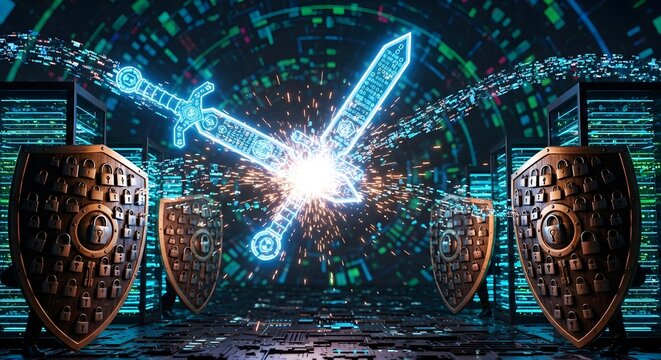 Glowing blue swords clash with medieval shields in futuristic digital environment