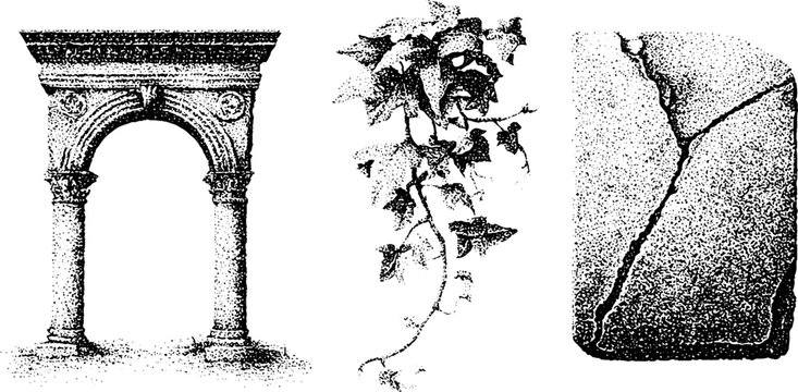 Roman arch with trailing ivy beside cracked stone panel
