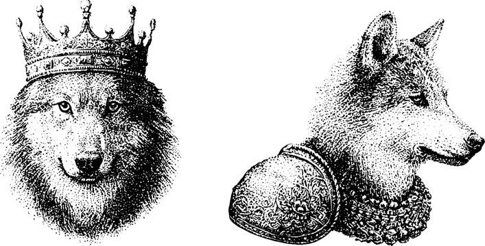 Wolf king and armored wolf portraits on white background