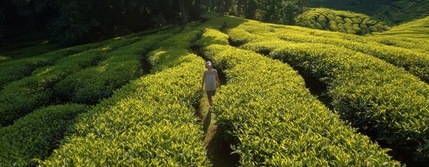Fototapeta premium The Tea Plantation Worker Walking Through Sunlit Terraced Green Hills at Dawn