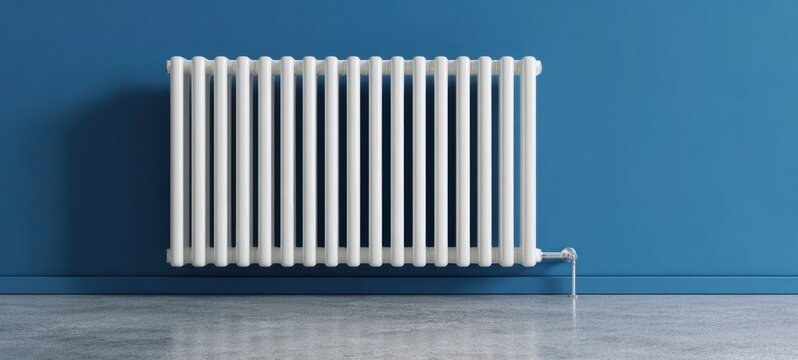 The radiator on a blue wall in a minimalist interior with polished concrete floor
