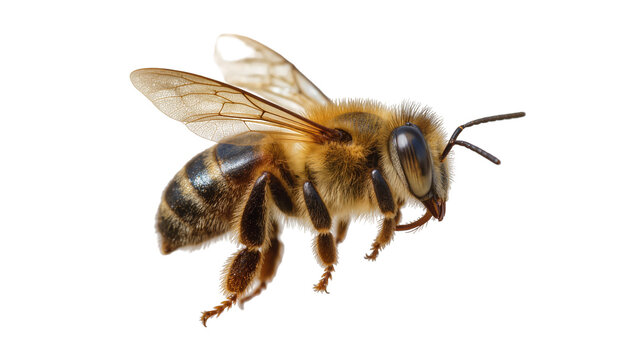 Fuzzy honey bee with transparent wings, isolated on transparent background