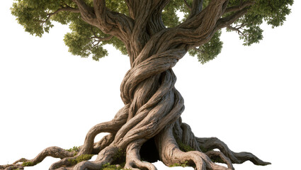 Massive ancient gnarled tree with twisted trunk and sprawling roots, isolated on transparent background © Elena