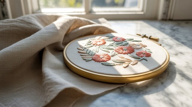 Floral embroidery in brass hoop on marble &ndash; Ideal for craft tutorials, needlework hobbies, or artisanal design content.