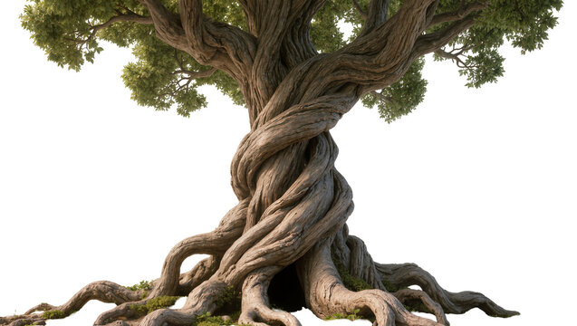 Massive ancient gnarled tree with twisted trunk and sprawling roots, isolated on transparent background