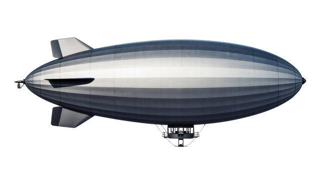 Sleek silver and blue zeppelin airship with gondola, isolated on transparent background
