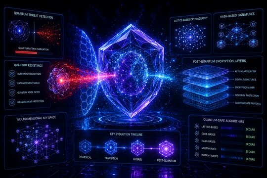 Conceptual illustration showing post quantum cryptography security shield protecting digital data