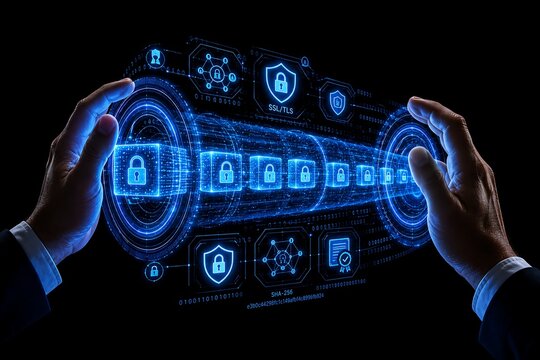 Data encryption tunnel with glowing lock icons and ssl certificates floating in virtual environment