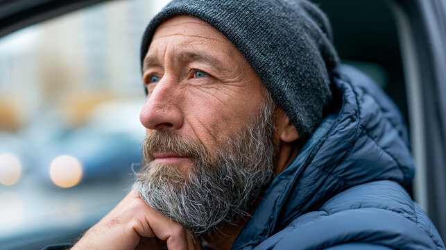 Close-up of a portrait of a person experiencing chronic homelessness living in a car, housing instability concept, car homelessness photography, poverty documentation, defocused