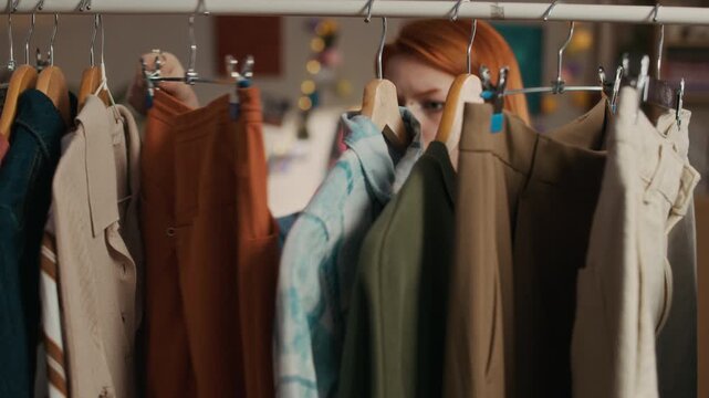Eye level shot of Caucasian redhead girl approaching clothing rack and selecting outfit on hangers while deciding what to wear in cozy bedroom