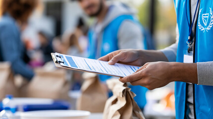 Close-up of a volunteer in a blue vest distributing food to refugees at a distribution point, refugee food assistance concept, volunteer distribution photography, humanitarian aid