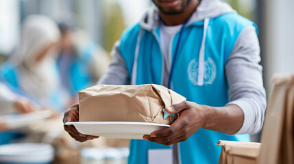 Close-up of a volunteer in a blue vest distributing food to refugees at a distribution point, refugee food assistance concept, volunteer distribution photography, humanitarian aid