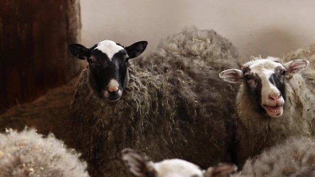 A group of domestic sheep with thick wool and characteristic dark spots on their muzzles. The animals are in a farm building, illuminated by soft natural light. Close-up of the head of a sheep. Animal