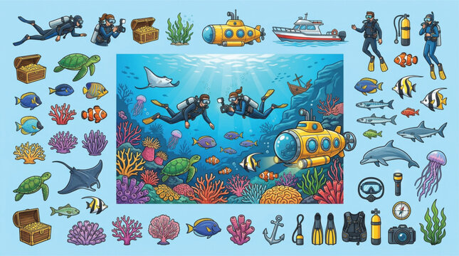 Underwater scuba diving vector set, ocean exploration icons with divers and marine life, sea animals and submarine equipment collection