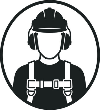 Black and white vector icon of a male industrial worker wearing a hard hat, earmuffs, and safety harness, isolated on white.