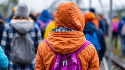 Rear view of war refugees at a border crisis representing global displacement challenges, refugee crisis concept, border crossing photography, displacement documentation,