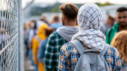 Rear view of war refugees at a border crisis representing global displacement challenges, refugee crisis concept, border crossing photography, displacement documentation,