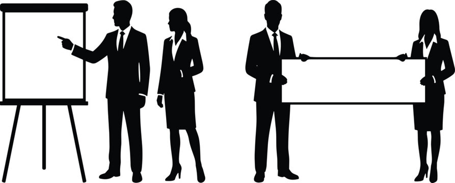 Black silhouettes of business partners giving a presentation on a whiteboard and holding a blank corporate banner, isolated on white.