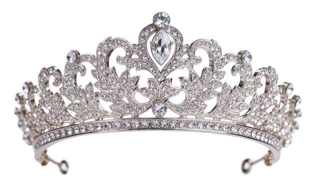 Ornate silver tiara with clear rhinestones and marquise crystal, isolated on transparent background