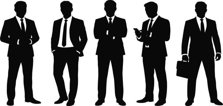 Black silhouettes of five professional businessmen standing in formal suits, ties, and white shirts, holding briefcases and smartphones, isolated on a white background.