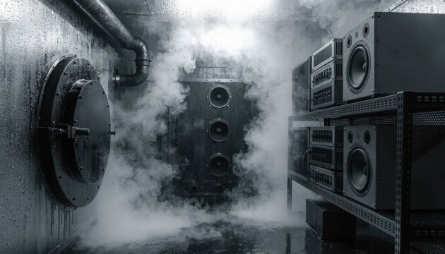 Medium shot of environmental stress testing chamber with audiovideo equipment undergoing intense heat cycling to ensure durability before shipment.