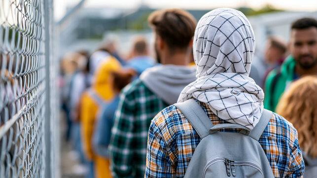 Rear view of war refugees at a border crisis representing global displacement challenges, refugee crisis concept, border crossing photography, displacement documentation,