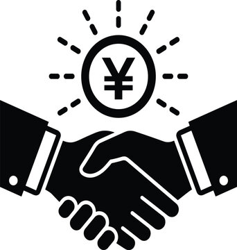 Black vector icon of a business handshake with a shining Japanese yen or Chinese yuan coin above, isolated on a white background.