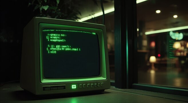 Retro monitor glows with green code, hinting at vintage tech and late-night work