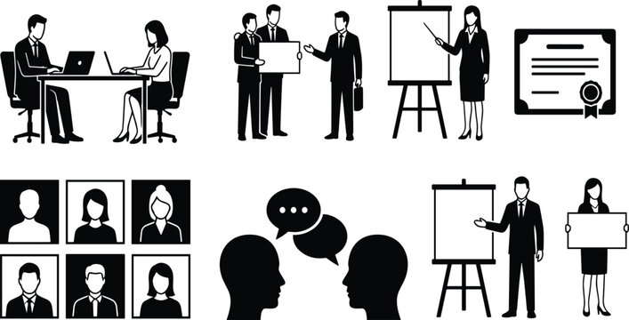Black vector icons set of business people working on laptops, giving presentations, talking, holding banners, and corporate training, isolated on white.