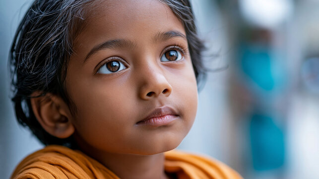 Close-up of a portrait of a child in an urban slum with health disparities in soft lighting, urban poverty concept, child health photography, health disparity documentation,