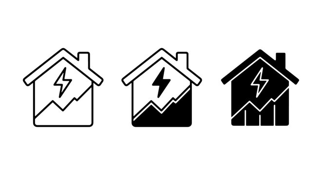 Energy Efficiency House Icons, Electricity Savings Graph, Renewable Power Building Symbols