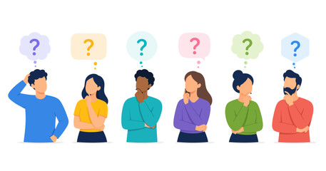 Diverse group of people thinking with question marks above their heads, illustration © adlian