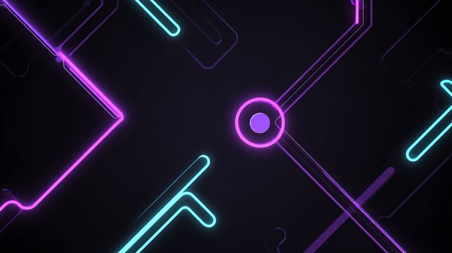 Minimalist abstract cyber circuit board background with neon purple and blue glowing lines, digital network connection wallpaper.
