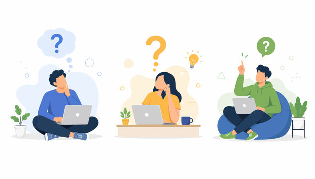 People thinking, problem solving, finding solutions with laptops, lightbulb idea