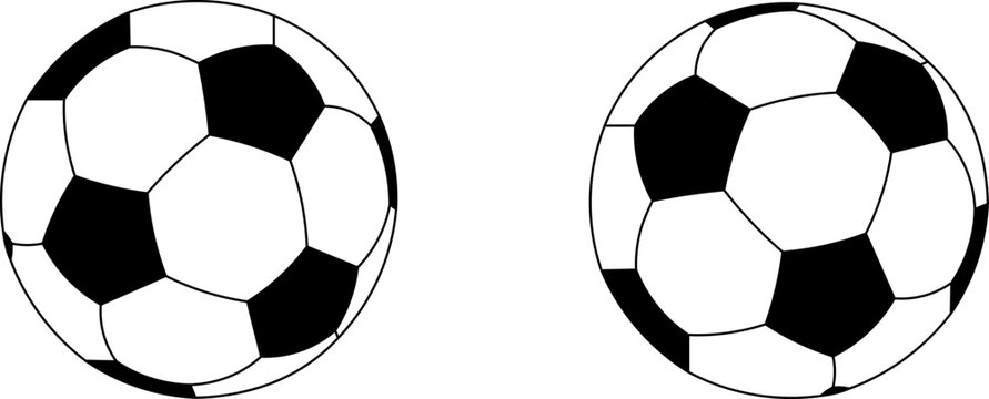 Two classic soccer balls outline vector illustration. Pair of black and white football icons isolated on white background