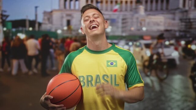 Man holding basketball with hand to cheek laughing in street wearing brasil jersey; joy celebration.