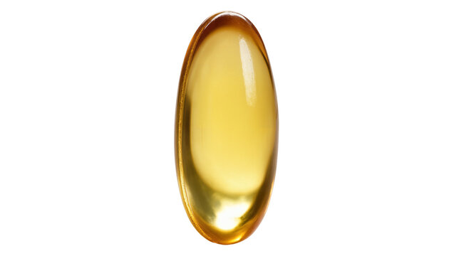 Single oval yellow liquid capsule, isolated on transparent background