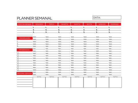 Planner Semanal Vetor Minimalista Vermelho e Branco Organizador de Tarefas Agenda Semanal