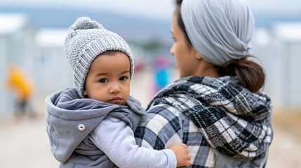Fototapeta premium Rear view of a young woman and baby in a refugee camp representing resilience of migrant families, migrant resilience concept, camp family photography, integration and hope