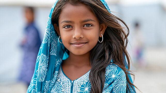 Close-up of a young girl in a traditional dress at a refugee camp, refugee child concept, young girl camp photography, innocence and hardship documentation, defocused background,