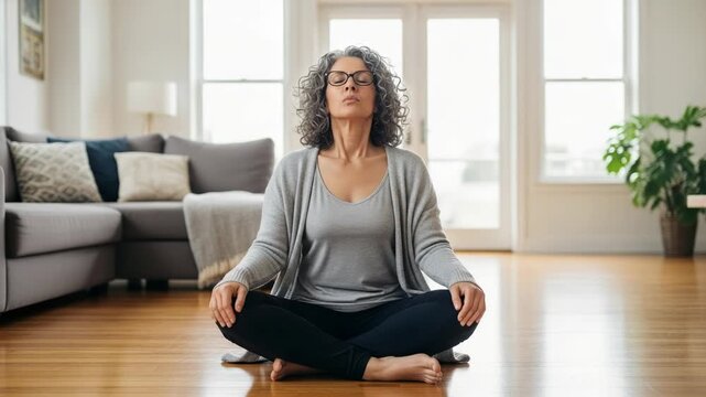 A woman meditating in a living room